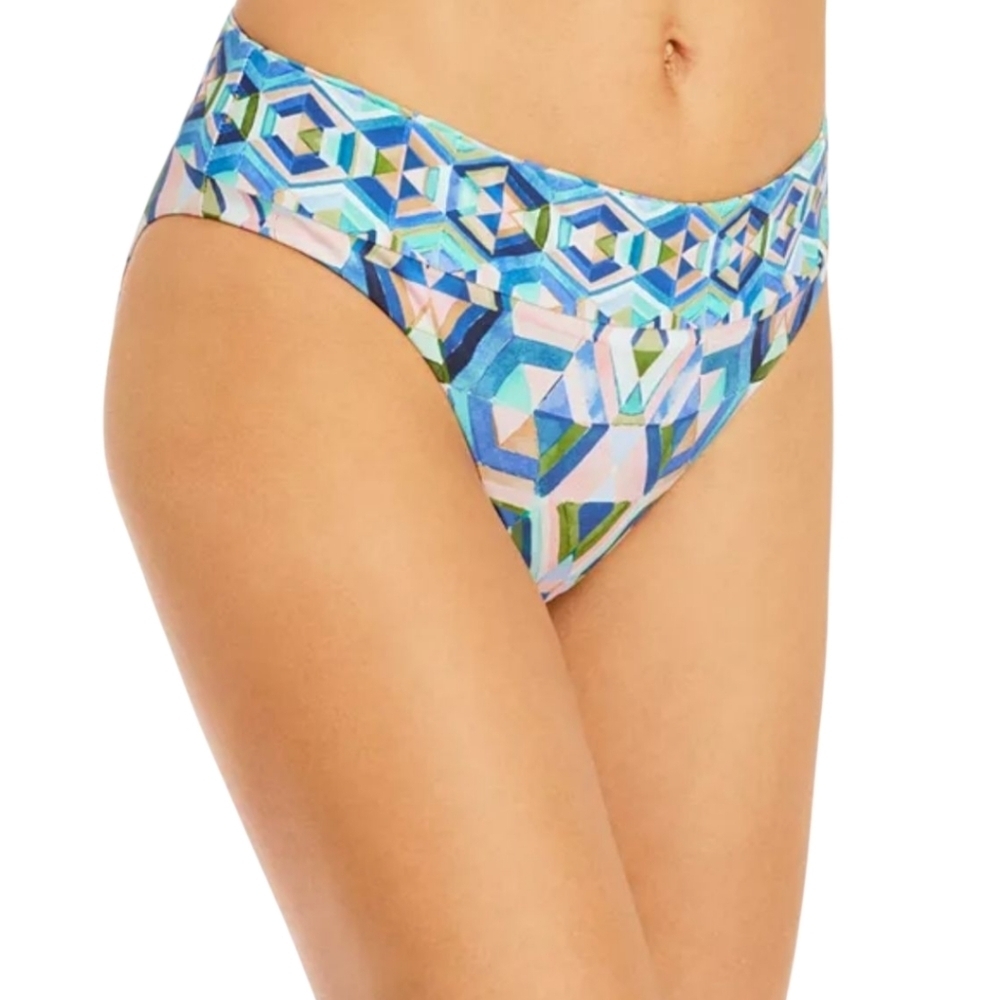 NWT La Blanca Reversible Blue Multi Geometric Bikini Bottom Size 12